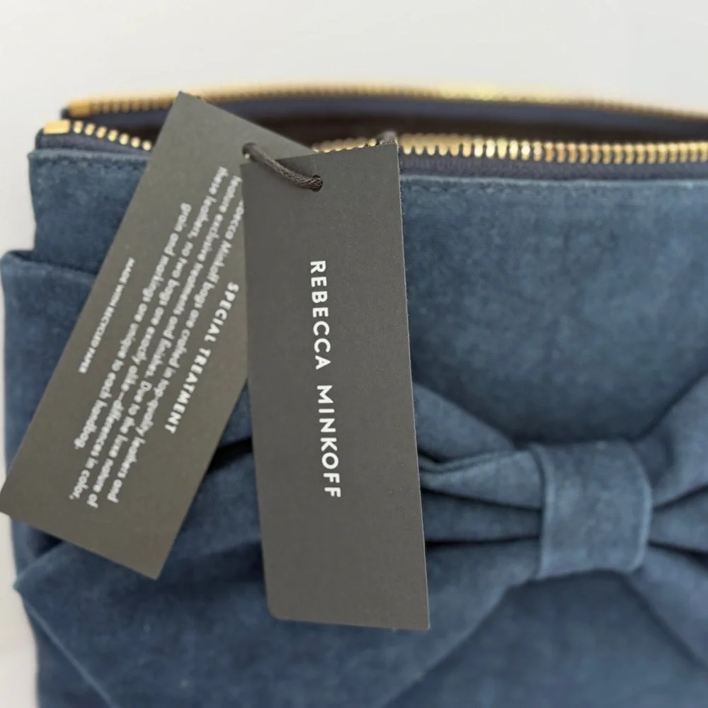 Rebecca Minkoff Bow Clutch Denim Blue NWT Wristlet Zip Pouch - Picture 8 of 8